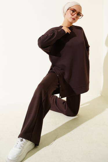 Bisiklet Yaka Yanları Metal Düğmeli İkili Takım Kahve - İkili Takım