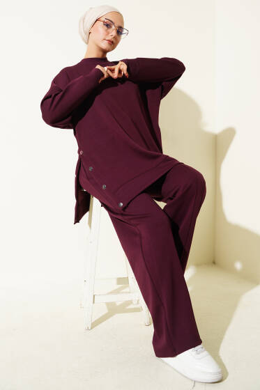 Bisiklet Yaka Yanları Metal Düğmeli İkili Takım Mürdüm - İkili Takım