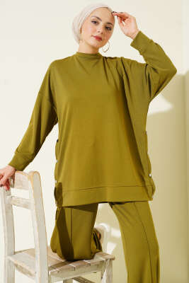 Bisiklet Yaka Yanları Metal Düğmeli İkili Takım Yağ Yeşili - İkili Takım