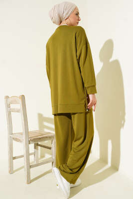 Bisiklet Yaka Yanları Metal Düğmeli İkili Takım Yağ Yeşili - İkili Takım