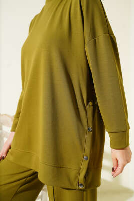 Bisiklet Yaka Yanları Metal Düğmeli İkili Takım Yağ Yeşili - İkili Takım