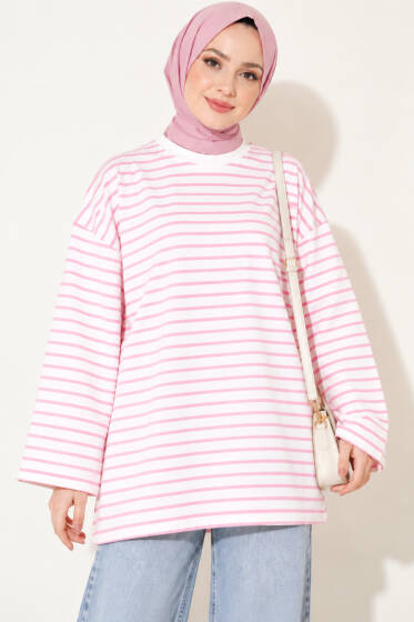 Bisiklet Yaka Yatay Çizgili Salaş Tunik Pembe - Tunik