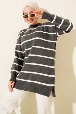Bisiklet Yaka Yatay Çizgili Triko Tunik Antarasit 