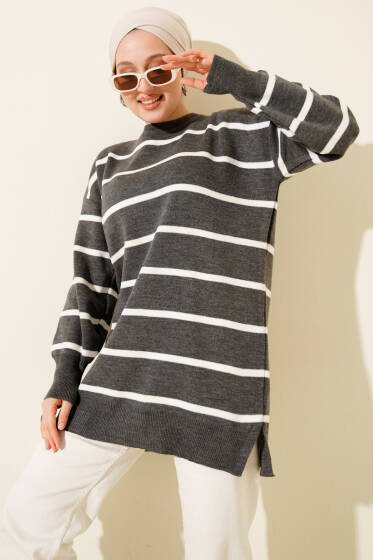Bisiklet Yaka Yatay Çizgili Triko Tunik Antarasit - Tunik