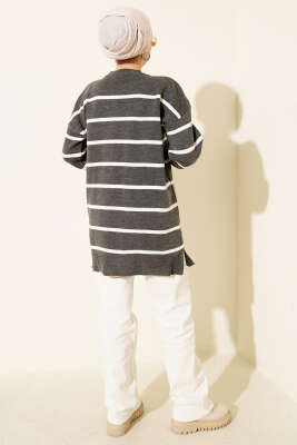 Bisiklet Yaka Yatay Çizgili Triko Tunik Antarasit - Tunik
