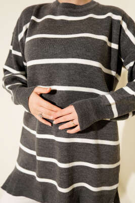 Bisiklet Yaka Yatay Çizgili Triko Tunik Antarasit - Tunik