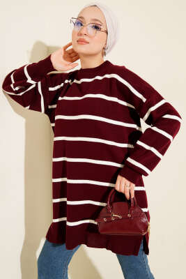 Bisiklet Yaka Yatay Çizgili Triko Tunik Bordo - KILIÇ TRİKO