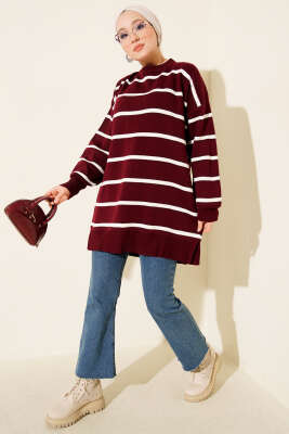 Bisiklet Yaka Yatay Çizgili Triko Tunik Bordo - Tunik