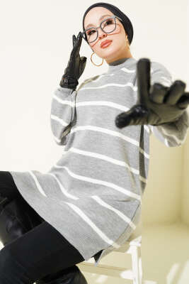 Bisiklet Yaka Yatay Çizgili Triko Tunik Gri 