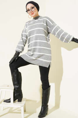 Bisiklet Yaka Yatay Çizgili Triko Tunik Gri - Tunik