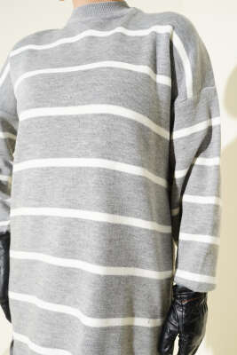 Bisiklet Yaka Yatay Çizgili Triko Tunik Gri - Tunik