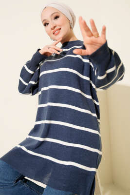 Bisiklet Yaka Yatay Çizgili Triko Tunik İndigo - KILIÇ TRİKO
