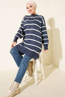 Bisiklet Yaka Yatay Çizgili Triko Tunik İndigo - Tunik