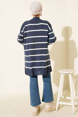 Bisiklet Yaka Yatay Çizgili Triko Tunik İndigo - Tunik