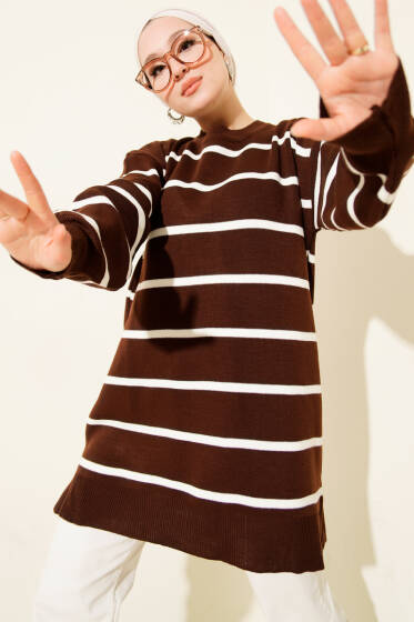 Bisiklet Yaka Yatay Çizgili Triko Tunik Kahve - Tunik