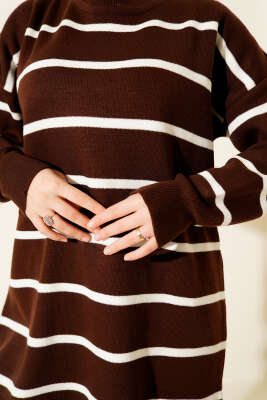 Bisiklet Yaka Yatay Çizgili Triko Tunik Kahve - Yılın Fırsatı