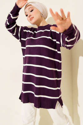 Bisiklet Yaka Yatay Çizgili Triko Tunik Mor 