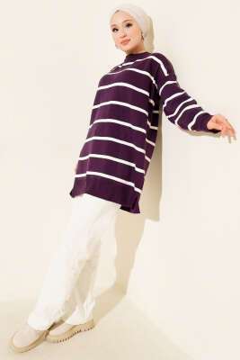 Bisiklet Yaka Yatay Çizgili Triko Tunik Mor - Tunik