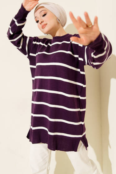 Bisiklet Yaka Yatay Çizgili Triko Tunik Mor - Yılın Fırsatı