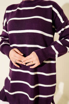 Bisiklet Yaka Yatay Çizgili Triko Tunik Mor - Yılın Fırsatı