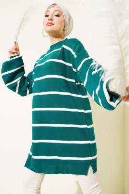 Bisiklet Yaka Yatay Çizgili Triko Tunik Nefti 