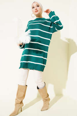 Bisiklet Yaka Yatay Çizgili Triko Tunik Nefti - Tunik