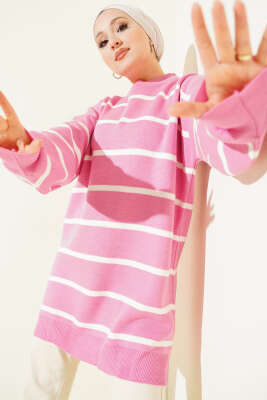 Bisiklet Yaka Yatay Çizgili Triko Tunik Pembe - KILIÇ TRİKO