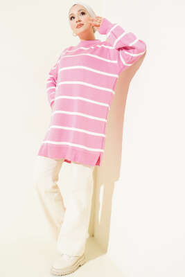 Bisiklet Yaka Yatay Çizgili Triko Tunik Pembe - Tunik