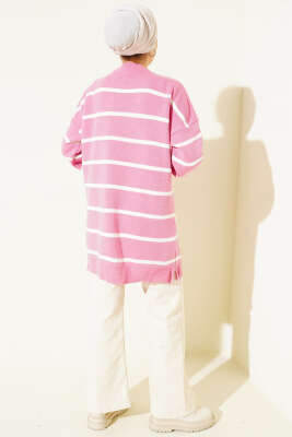 Bisiklet Yaka Yatay Çizgili Triko Tunik Pembe - Tunik