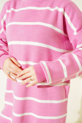 Bisiklet Yaka Yatay Çizgili Triko Tunik Pembe - Tunik