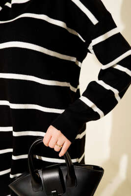 Bisiklet Yaka Yatay Çizgili Triko Tunik Siyah - Yılın Fırsatı