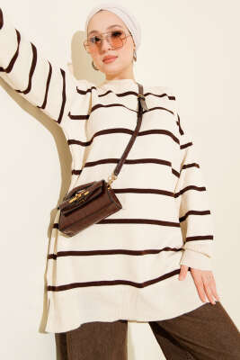 Bisiklet Yaka Yatay Çizgili Triko Tunik Taş - KILIÇ TRİKO