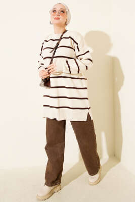 Bisiklet Yaka Yatay Çizgili Triko Tunik Taş - Tunik