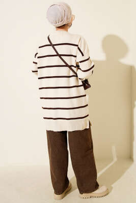 Bisiklet Yaka Yatay Çizgili Triko Tunik Taş - Tunik