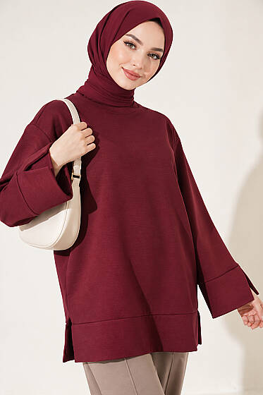 Bisiklet Yaka Yırtmaç Detaylı Tunik Bordo - Tunik