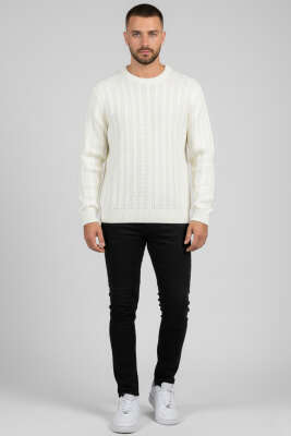 Bisiklet Yaka Yön Desen Erkek Triko Kazak Ekru - Erkek Kazak