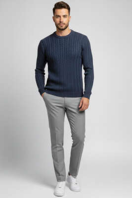 Bisiklet Yaka Yön Desen Erkek Triko Kazak İndigo - Yeni Erkek Giyim