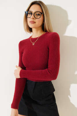 Bisiklet Yaka Yumoş Kazak Bordo - Kadın Giyim Modelleri