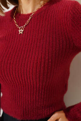 Bisiklet Yaka Yumoş Kazak Bordo - Kadın Giyim Modelleri