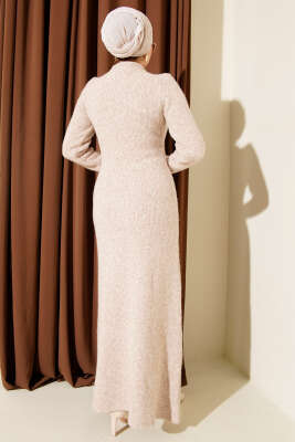 Bisiklet Yaka Yumoş Triko Elbise Bej - Elbise