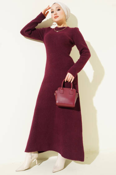 Bisiklet Yaka Yumoş Triko Elbise Bordo - Elbise
