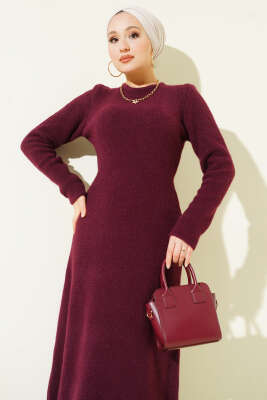 Bisiklet Yaka Yumoş Triko Elbise Bordo - Elbise