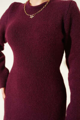 Bisiklet Yaka Yumoş Triko Elbise Bordo - Elbise