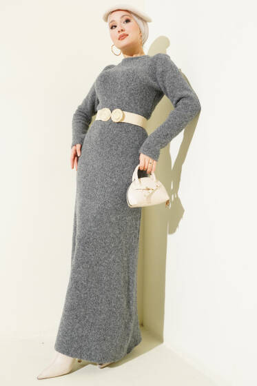 Bisiklet Yaka Yumoş Triko Elbise Füme - Elbise