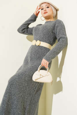 Bisiklet Yaka Yumoş Triko Elbise Füme - Elbise