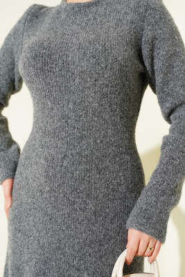 Bisiklet Yaka Yumoş Triko Elbise Füme - Elbise