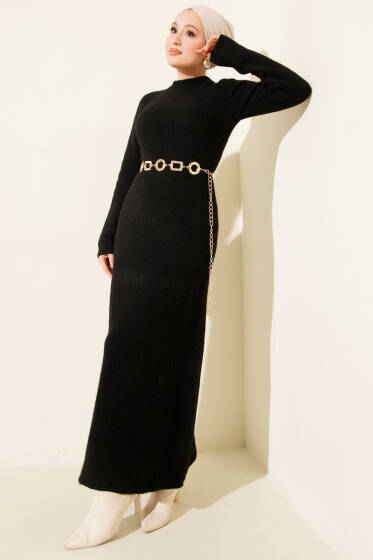 Bisiklet Yaka Yumoş Triko Elbise Siyah - Elbise