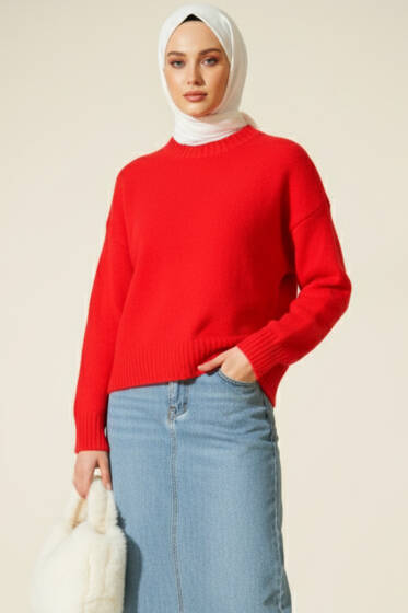 Bisiklet Yaka Yumoş Triko Kazak Alizarin - Triko Kazak