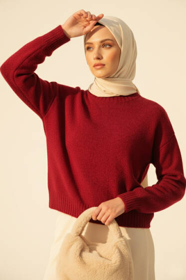 Bisiklet Yaka Yumoş Triko Kazak Bordo - Triko Kazak