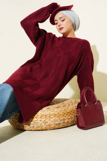 Bisiklet Yaka Yumoş Yan Yırtmaçlı Triko Tunik Bordo - Tunik